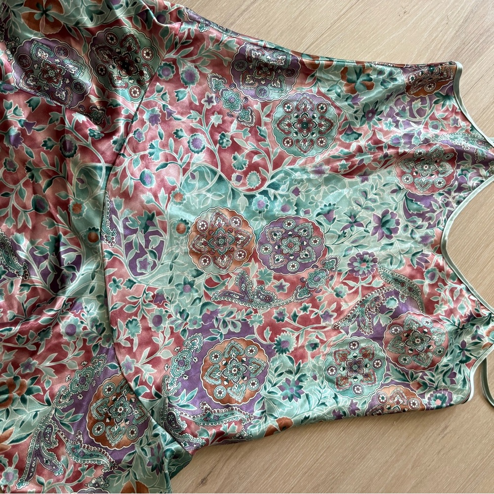 Vintage Floral Satin Slip Dress in Mint and Dusty Rose